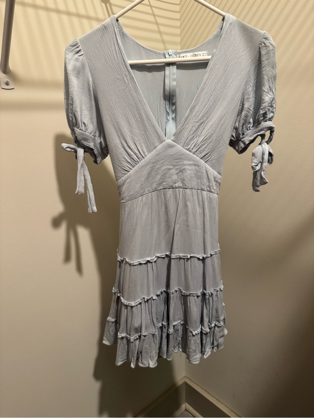 Hello Molly Blue Tiered Ruffle Mini Dress with Tie Sleeves